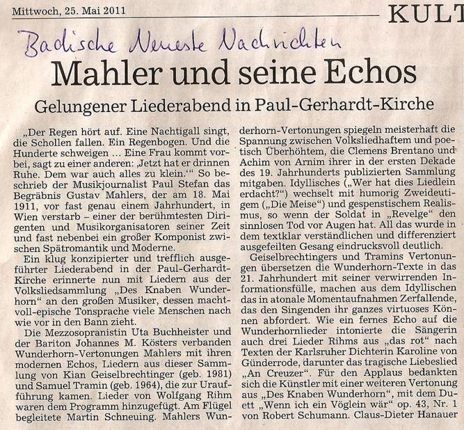 Kritik Mahler, Badische Neueste Nachrichten, 25.05.2011 Kritik Mahler, Badische Neueste Nachrichten, 25.05.2011